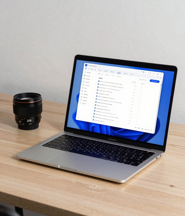 Minimalist desk setup in a North American / US office with a laptop displaying a clean royal blue and white user interface design, soft natural lighting, professional photography style.
