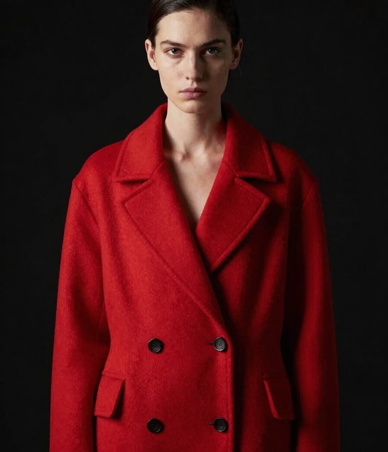 Minimalist high-fashion portrait of a subject wearing a bold red structured coat, dark black background, dramatic rim lighting from the side, North American studio setting, sleek professional photography.