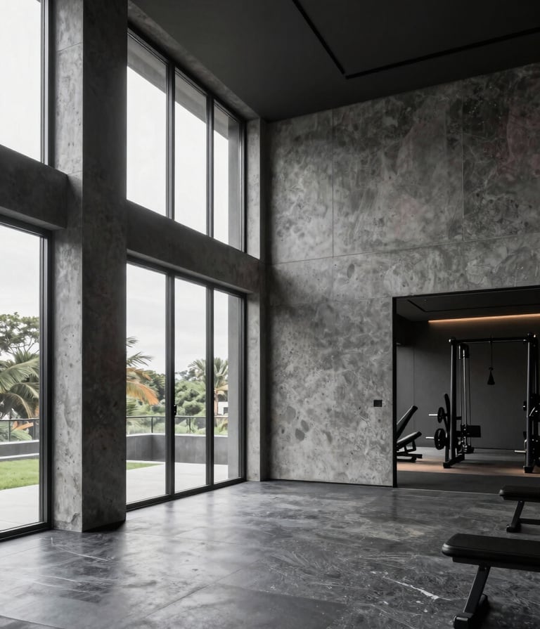 High-quality architectural photography of a minimalist gym interior in Recife. The space features cool granite gray concrete walls, large floor-to-ceiling windows letting in soft natural light, and a clean, spacious layout. The atmosphere is sophisticated and contemporary with deep charcoal accents.