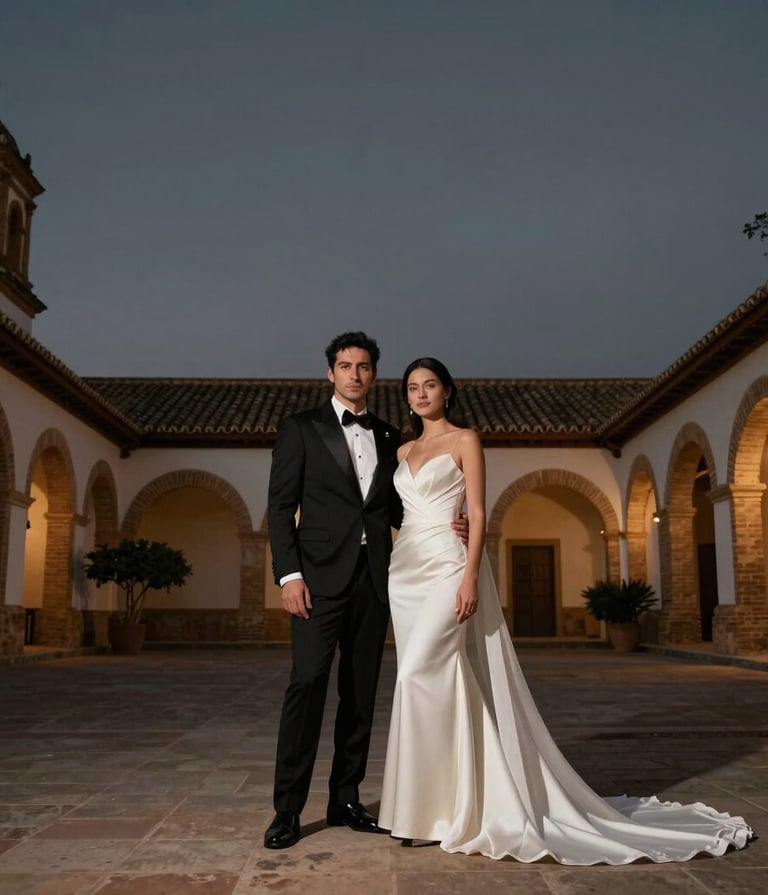 Full-length editorial portrait of a couple in a historic Spanish courtyard at twilight. Moody charcoal sky, sophisticated poses, elegant wedding attire, cinematic lighting with gold highlights, modern and dark aesthetic.