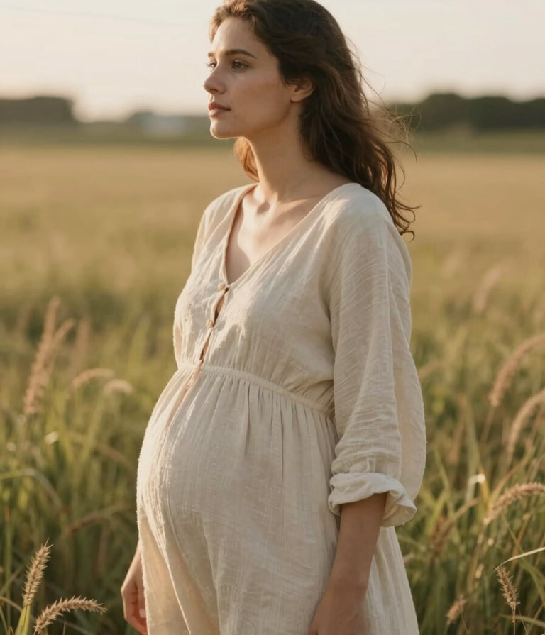 A candid, cinematic portrait of a pregnant woman in a flowing cream-colored linen dress, standing in a field of tall grass. The lighting is warm and sun-drenched from a late afternoon sun. Authentic, intimate mood with a Soft Sand (#F8F0E3) color palette reflected in the clothing and landscape.