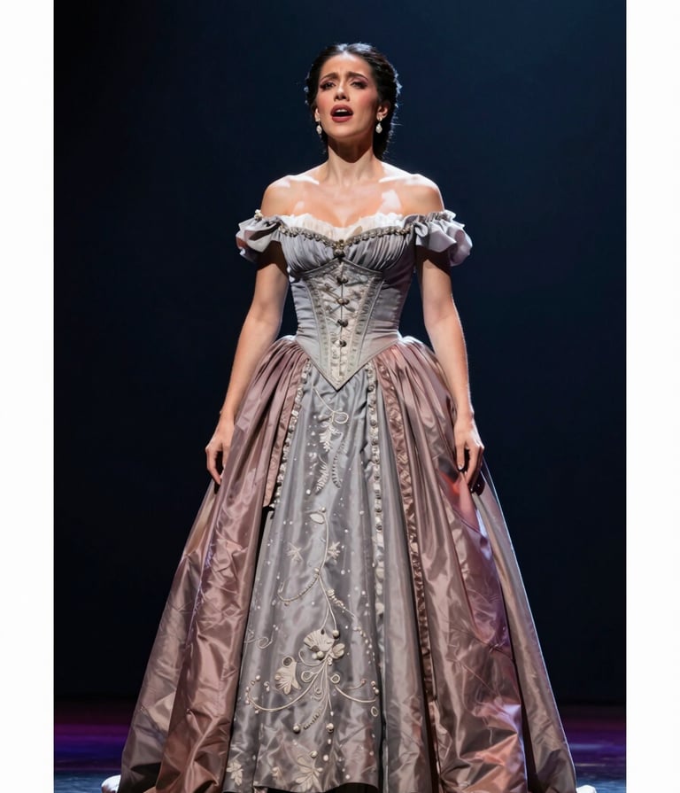 A dramatic full-length shot of Maylin Cruz on stage, captured mid-performance. She is wearing an elaborate, classical opera gown in shades of #C8B8B8 and #8D6A6A. Her expression is full of emotional depth. The lighting is a sharp spotlight against a dark #2B2D42 backdrop, reflecting grandeur.