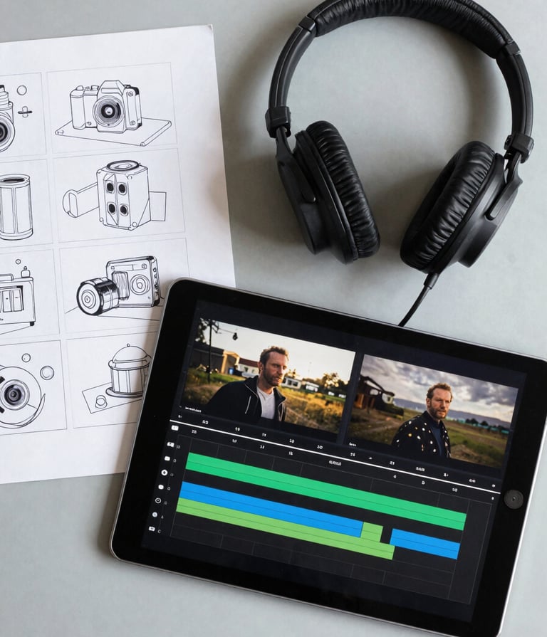 Top-down flat lay photography of a filmmaker's workspace including a storyboard, headphones, and a tablet showing a video timeline, clean composition on a light grey surface.