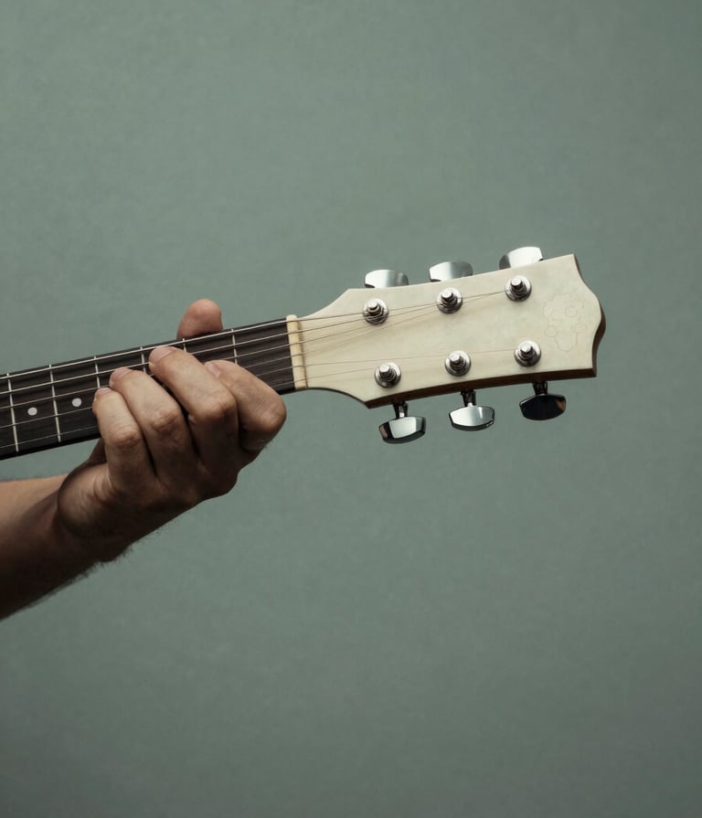 A high-contrast photograph of a musician's hand adjusting a tuning peg on a guitar headstock. The style is raw and authentic, with a soft off-white light hitting the hand and a muted slate green wall in the background.