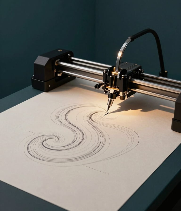 A minimalist studio shot of a high-end mechanical pen plotter drawing intricate, fluid curves on heavy off-white paper. The room is dimly lit with deep teal shadows, and a warm muted gold spotlight illuminates the precision of the moving pen. The aesthetic is sophisticated and innovative.