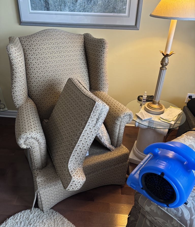 Upholstery cleaning in progress with cushions removed and air mover drying an armchair fabric surfac