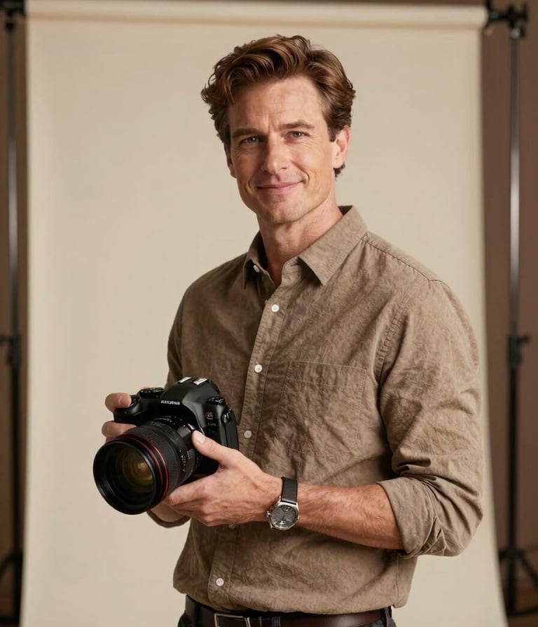 A professional portrait of a photographer in a well-lit North American studio. The aesthetic is sophisticated yet approachable, with a backdrop in soft Cream and Dark Brown accents. The lighting is warm and flattering, emphasizing a classic style.