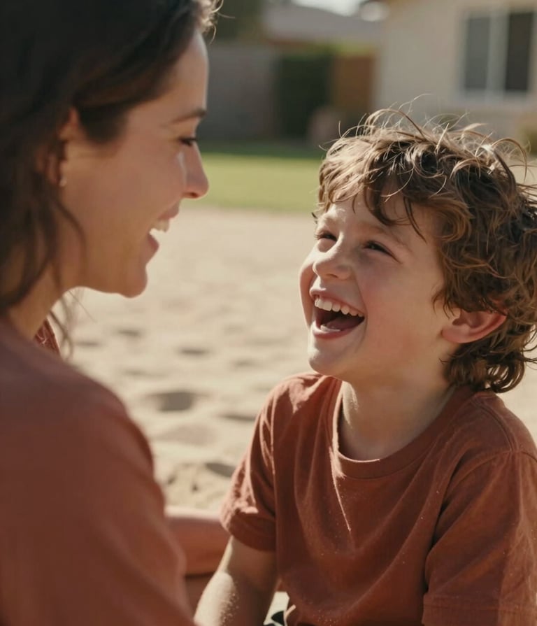 A close-up candid photography shot of a mother and child laughing together in a sun-drenched North American / US home backyard. Soft sand highlights and warm terracotta tones in their clothing, cinematic shallow depth of field, authentic emotional connection.