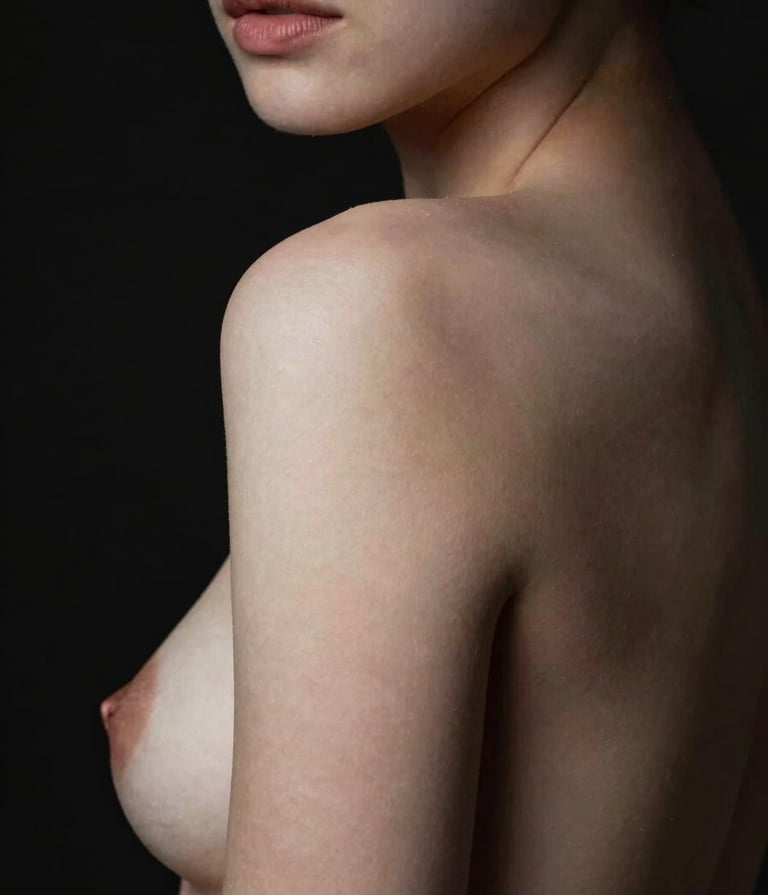 Artistic nude portrait focusing on the curvature of the shoulder. High contrast soft white highlights and midnight black background. Minimalist style.