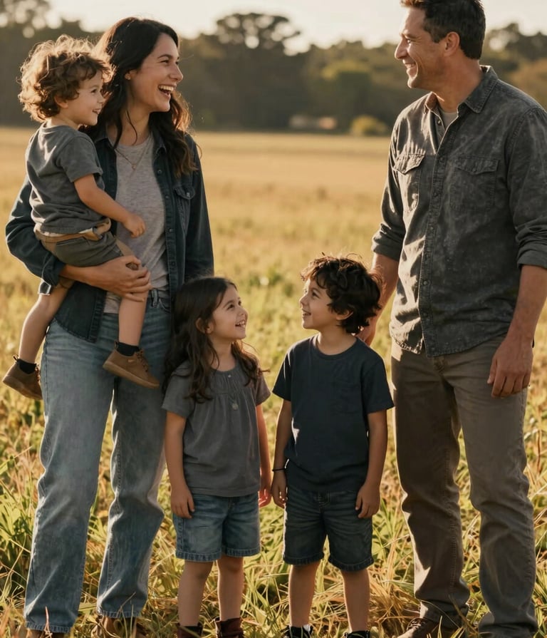 Cinematic lifestyle photography of a North American family laughing together in a sun-drenched meadow. Soft lighting with warm gold and charcoal tones in their clothing, capturing an authentic moment of connection.