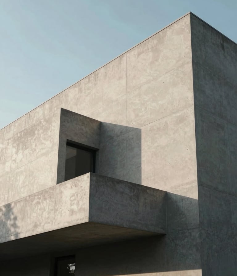 Low angle photography of a modernist concrete building facade. The sharp geometric shapes create deep charcoal shadows against soft off-white mist exterior walls. The composition is clean and architectural, highlighting professional design under a clear afternoon sky.