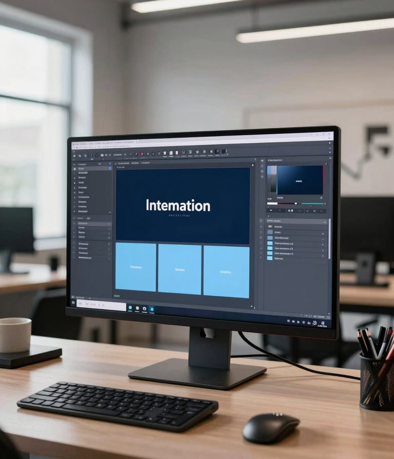 A wide-angle professional photograph of a modern International / Western design studio. A high-resolution monitor displays a sleek branding project with dark charcoal blue and soft sky blue accents. The environment is bright and organized, emphasizing a sophisticated creative workspace.