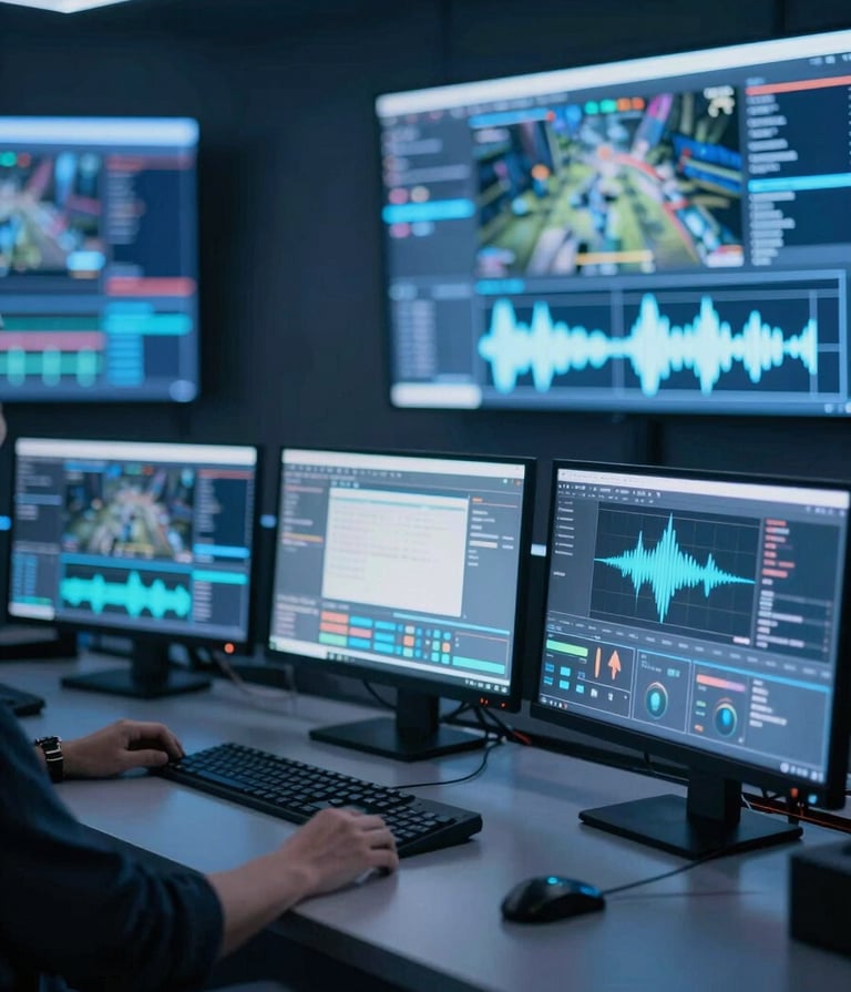 A sleek, modern broadcast control room at night. Multiple monitors glow with blue and white light, showing esports gameplay and technical waveforms. The atmosphere is professional and high-tech, using #1F2E3A and #4A6075 tones in the shadows and reflections.