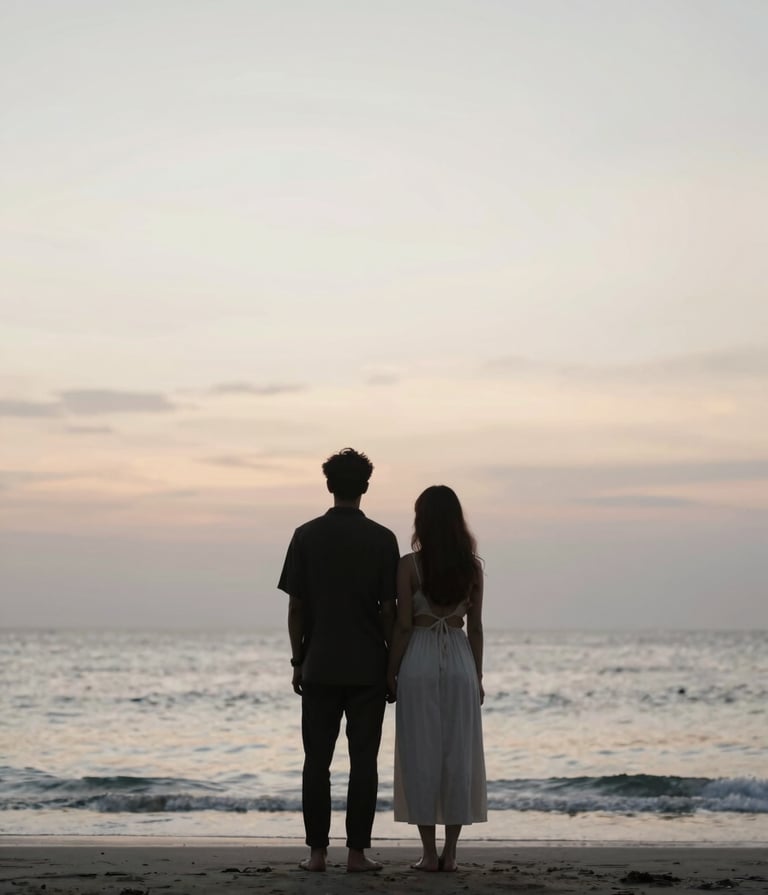 A minimalist portrait of a couple on a secluded Bali beach at sunset, silhouetted against a soft #F8F5EF sky. The lighting is ethereal and natural, embodying elegant storytelling.