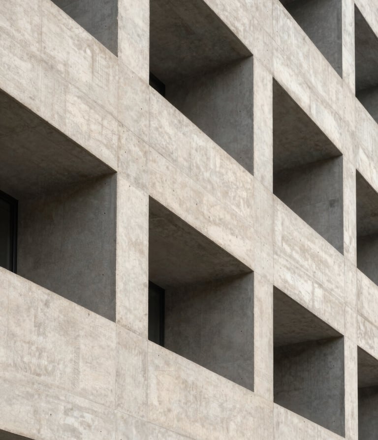 A high-end architectural photograph of a brutalist concrete facade, sharp lines, morning light, soft gray and off-white palette, Global / Contemporary Art.