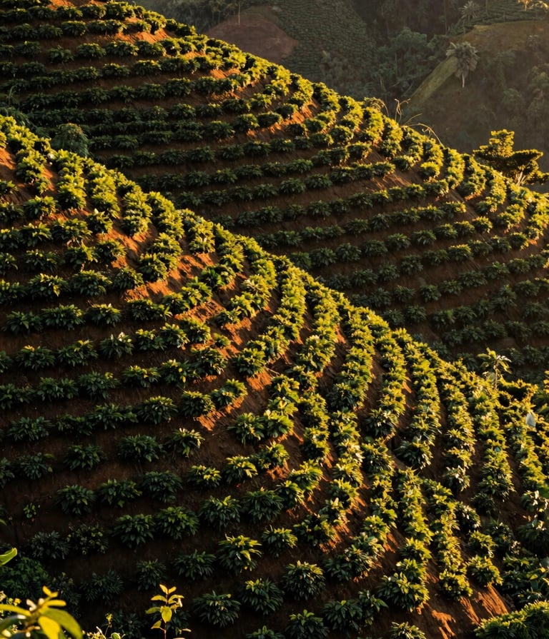 A high-angle landscape of geometric rows of coffee shrubs on a steep South American hillside, golden hour lighting creating long shadows, rich forest green and deep soil brown colors.