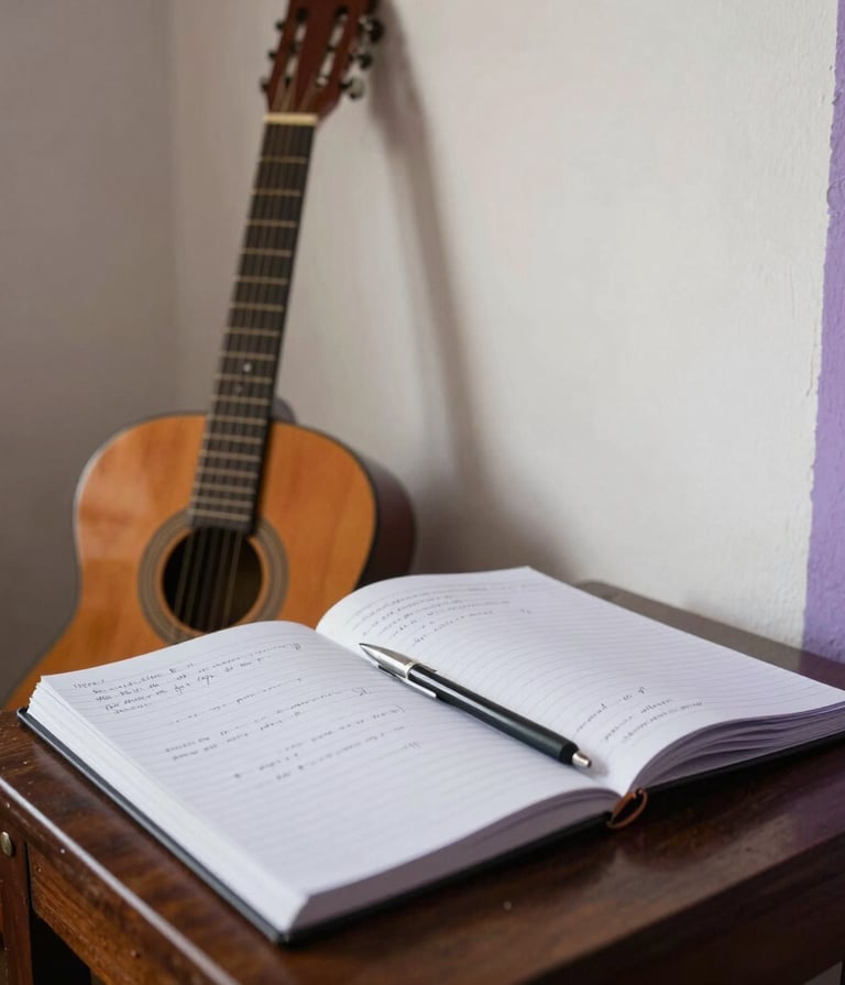 A sophisticated, soulful candid shot of a songwriter's workspace in a South American / Venezuelan home, featuring a notebook with lyrics and a guitar leaning against a wall, natural light with off-white and dusty purple accents.