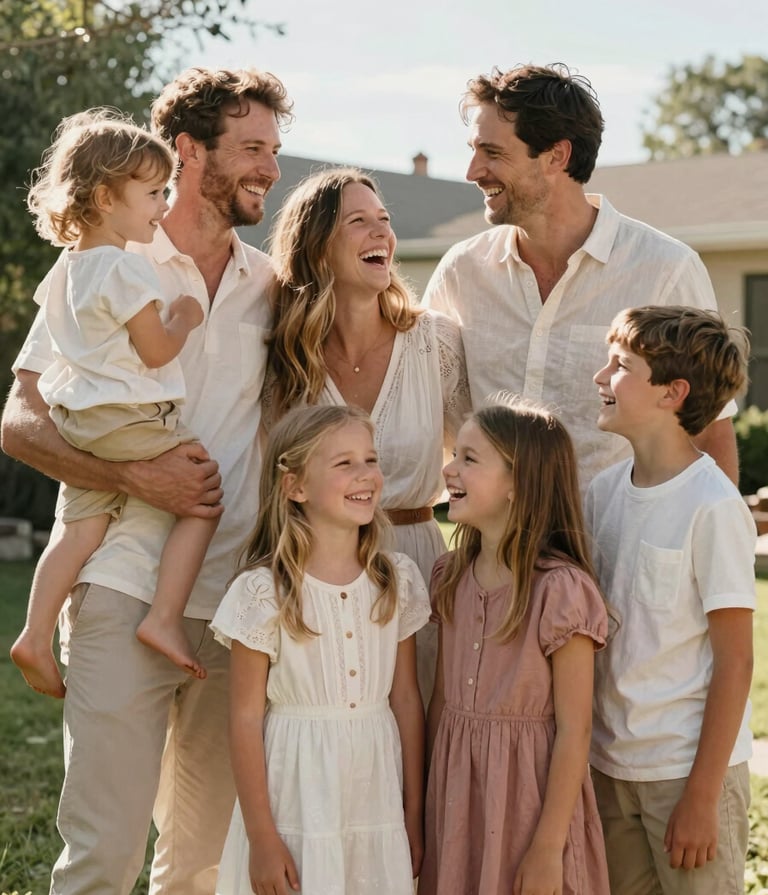 A joyful portrait of a family laughing together in a sun-drenched North American / US backyard. They are wearing casual clothing in warm off-white and soft dusty rose tones. The composition is natural and artistic.