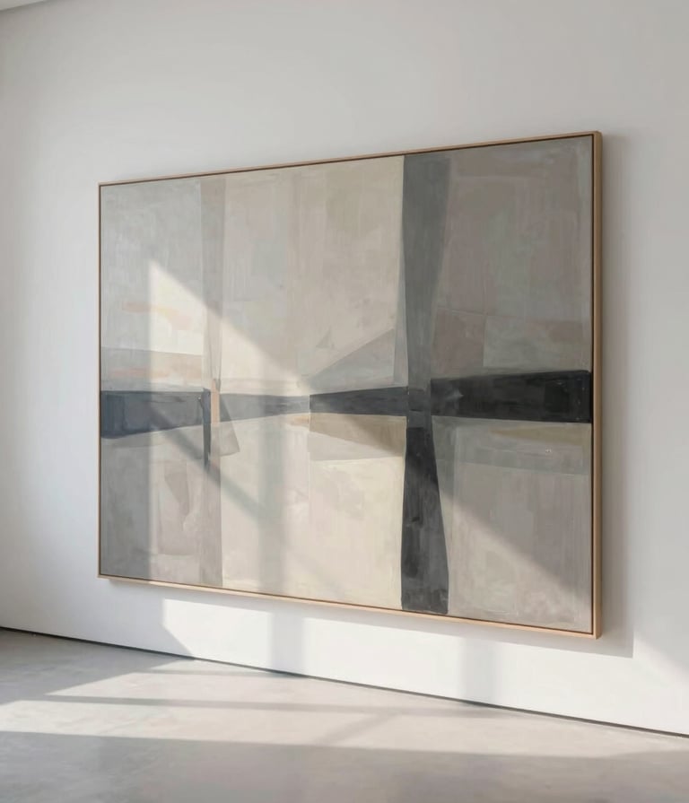 A wide, immersive shot of a large-scale abstract painting leaning against a clean, white gallery wall. The artwork uses a palette of #6B705C and #1A1A1A, with soft morning light streaming in from the side, creating an elegant and sanctuary-like atmosphere.