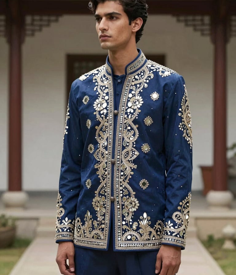 A cinematic fashion editorial shot of a model wearing a structured indigo-blue jacket with intricate Pakistani mirror-work, standing in a minimalist East Asian / South Asian influenced for a global luxury audience courtyard with soft natural light.