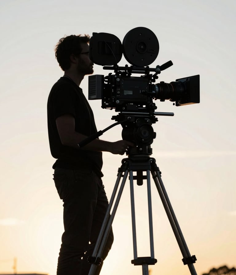 A silhouette of a professional film director in a North American setting, standing behind a high-end cinema camera on a tripod during a golden hour sunset, cinematic lighting with soft pearl white highlights.