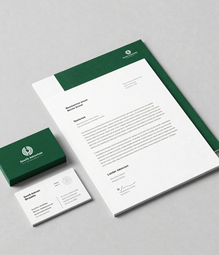 Clean, high-end studio photography of minimalist stationery design on a light grey textured background. The scene includes professional business cards and letterheads with dark green accents. Soft natural lighting, South American Brazilian design studio aesthetic.