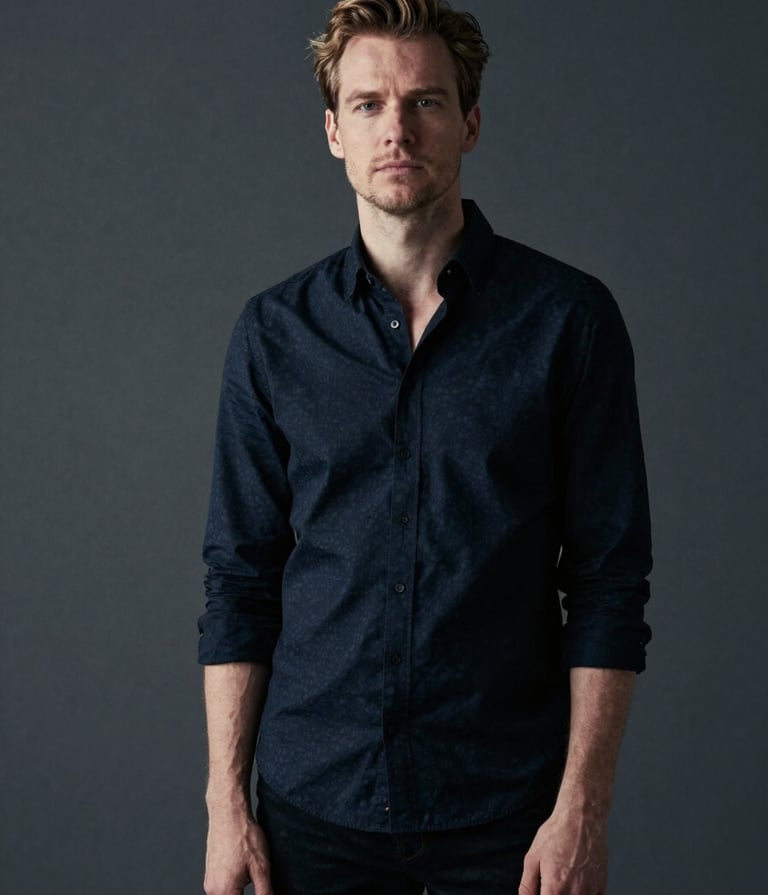 Full-bleed editorial portrait of a Northern European / Dutch creative professional in a charcoal-toned minimalist space. Premium lighting, sophisticated and understated mood, using a dark color palette with off-white highlights.