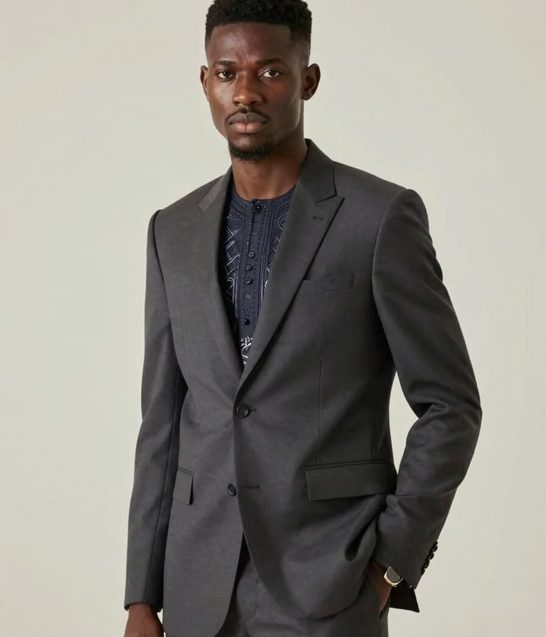 A high-fashion editorial portrait of P.E.P YLS wearing a tailored suit with subtle traditional Nigerian embroidery. He is posed confidently against a minimalist #F5F5EB wall. The lighting is sharp and cinematic, focusing on his expression.