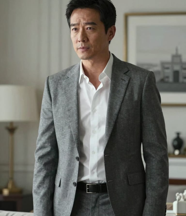 A high-contrast medium shot of an actor in a dramatic television scene. The setting is a sophisticated North American / US apartment. The lighting is cinematic, utilizing soft shadows and elegant, contemporary styling in shades of grey and off-white.