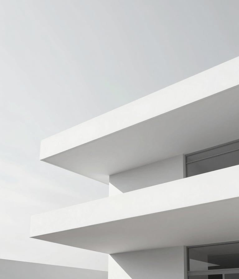 An abstract architectural detail of a modern gallery building. Clean white geometric lines and sharp, refined shadows against a pale, desaturated sky. High-key lighting, conveying a sense of space and precision. Palette: #F8F5F2, #D8D8D8.