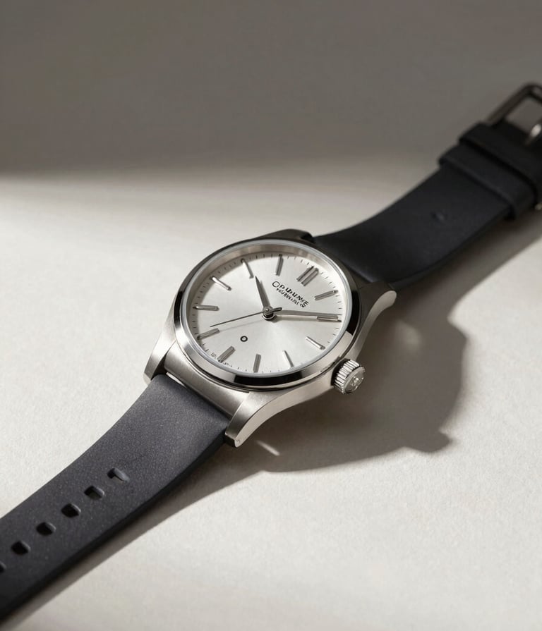 Commercial photography of a high-end wristwatch on a soft off-white surface. Professional lighting creating deep charcoal black shadows and light silver grey highlights. Clean, minimalist composition in a modern Central European / German studio setting.
