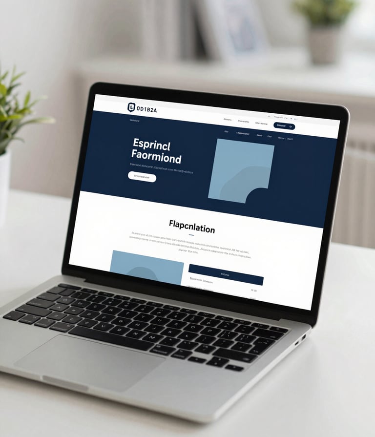 A sophisticated and clean hero image showing a high-end laptop on a minimalist desk. The screen displays a professional website design with a palette of #0D1B2A navy and #778DA9 light blue. The lighting is soft and natural, emphasizing creative expertise. Modern and inviting atmosphere.