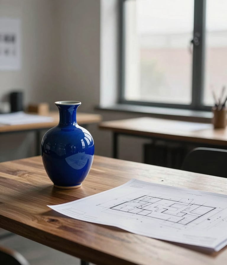 A sophisticated, professional portrait of a workspace in a North American design studio. A high-end wooden desk holds a single ceramic cerulean blue vase and some architectural blueprints, reflecting a minimalist and focused creative environment with natural window light.