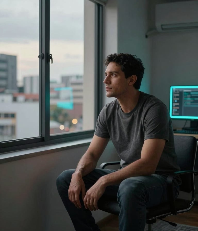 A professional portrait of a male artist in a modern South American / Colombian urban apartment. He is sitting thoughtfully near a large window at dusk. The room is filled with dark grey and off-white textures, with a subtle neon cyan glow from a studio monitor in the corner. Cinematic lighting, soft bokeh.