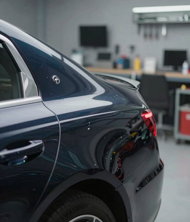 Before shot: A luxury dark navy sedan with a deep, sharp dent on the rear wing, situated in a professional workshop with high-quality tools visible in the background, soft professional lighting.