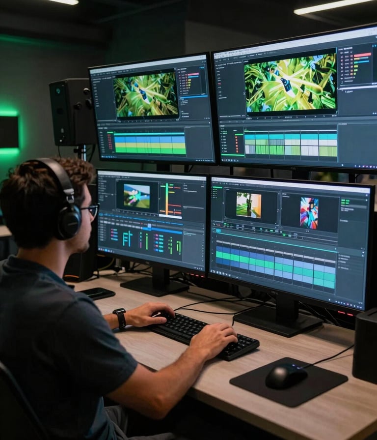 A wide cinematic shot of a modern, dark-toned workspace in Brazil, where a professional video editor works on multiple screens showing complex motion design, lit by subtle neon green glow.
