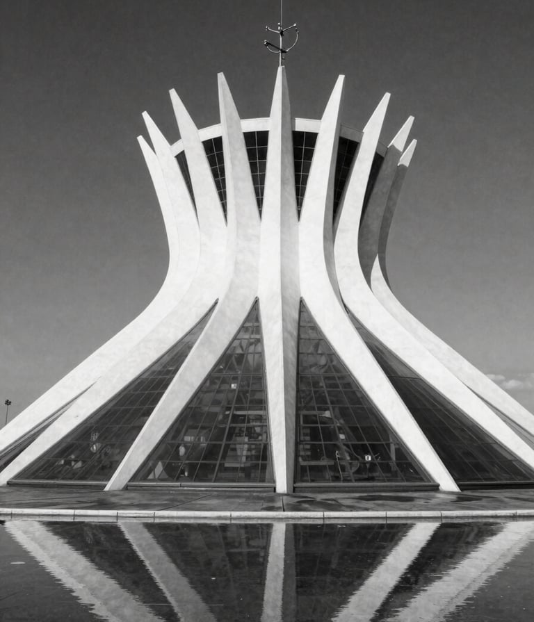 A sophisticated black and white editorial photograph of modern minimalist architecture in Brasília, featuring sharp geometric shadows and pure white surfaces against a dark slate grey sky, reflecting a high-craft professional aesthetic.