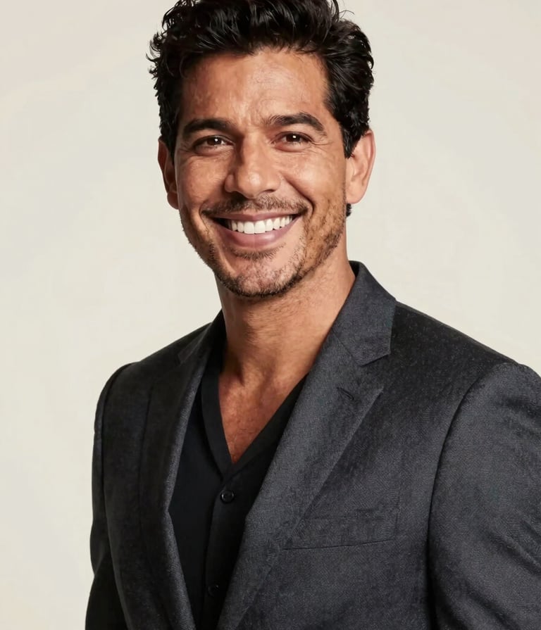 Professional studio portrait of a charismatic South American / Brazilian man with a warm smile, wearing a sharp tailored blazer. The background is a clean off-white. Lighting is soft and professional, highlighting a friendly presence.