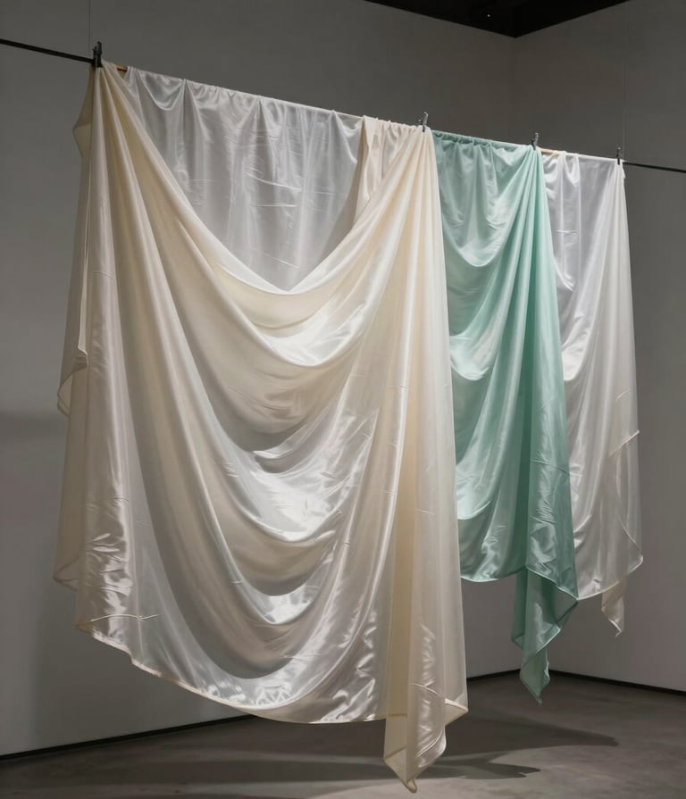 A sophisticated photograph of several layers of translucent silk hanging in a minimalist gallery. The colors are soft off-white and pale celadon, creating a sense of depth and time.