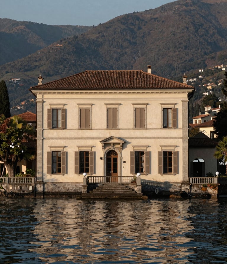 A wide-angle architectural shot of a historic villa on the shores of Lake Como in a North American / European style. The building features clean off-white stone and muted taupe shutters. The water is calm and dark charcoal, reflecting the soft evening light.
