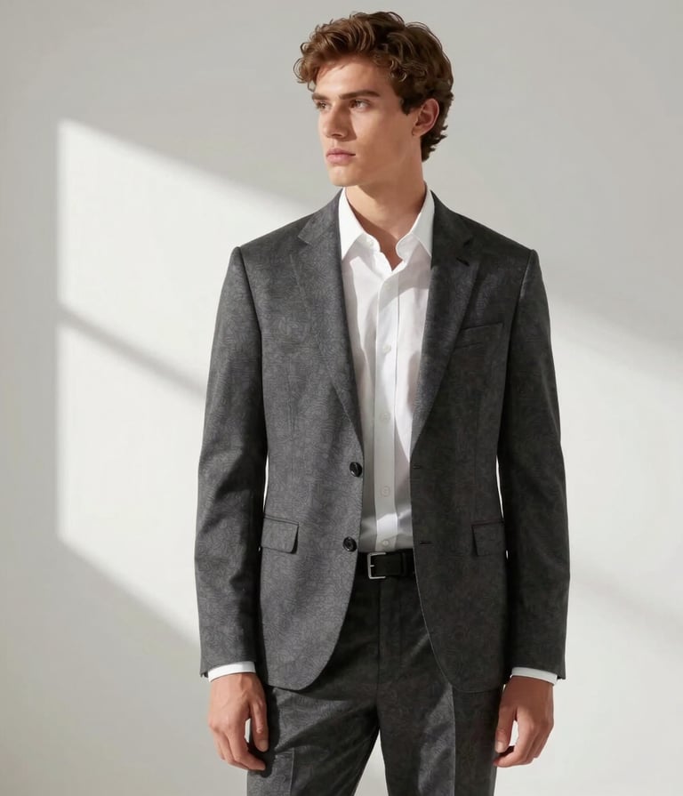 High-fashion lifestyle shot in a bright, modern studio with white walls and soft shadows, featuring a subject in sophisticated attire, International / Professional style.