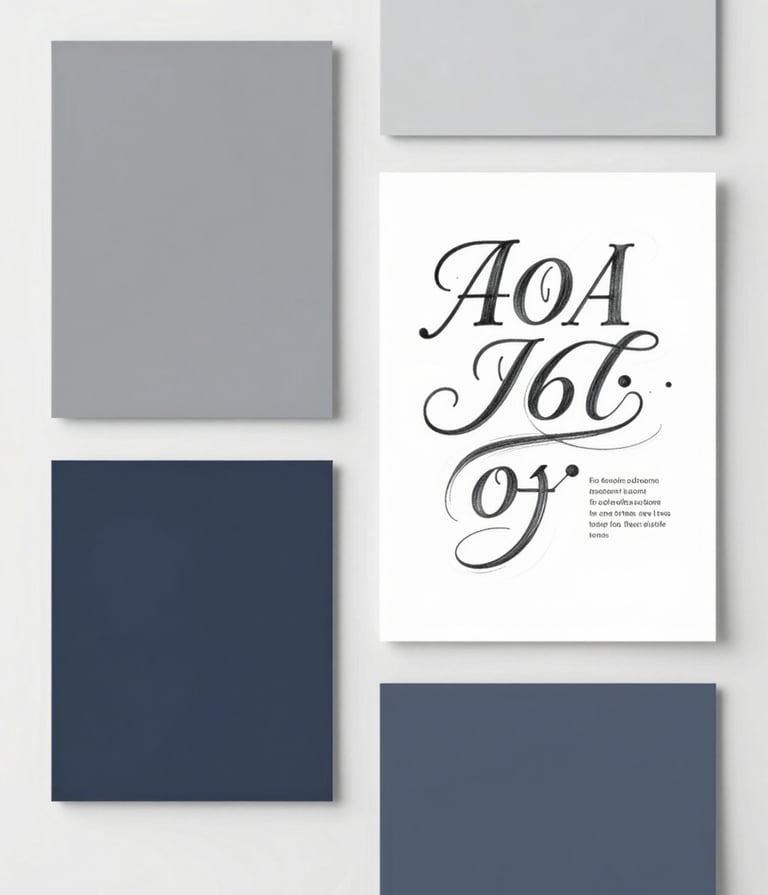 A top-down view of a designer's process: several swatches of paper in #A0A696, #4A5763, and #0F1E2E arranged neatly next to a typographic sketch. The composition is airy and minimalist, with plenty of white space. The lighting is bright and even, highlighting the professional creative workspace.