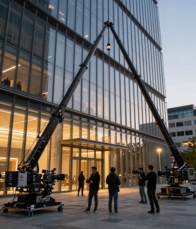 A wide-angle professional photography shot of a high-end film set in a modern, glass-walled architectural building in a Global / Western city at dusk. A professional crew is operating high-end cinema cameras on cranes. Soft gold lighting accents the deep black equipment and the sleek environment.