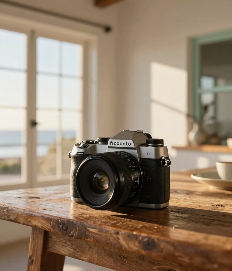 A high-end professional photograph of a stylish camera sitting on a rustic wooden table in a South African seaside villa. The soft golden light of Cape Town's afternoon sun streams through the window, highlighting warm off-white and soft mint tones in the decor.