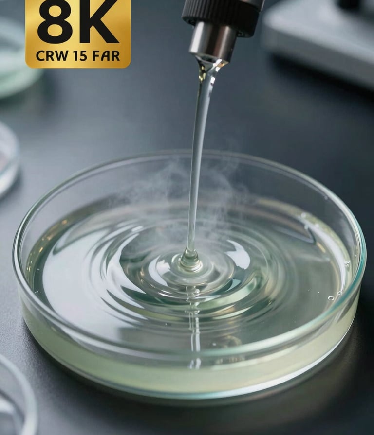 Macro photography of ripples in a petri dish filled with a sage mist liquid, vibrating from an unseen audio frequency in a clinical lab environment.