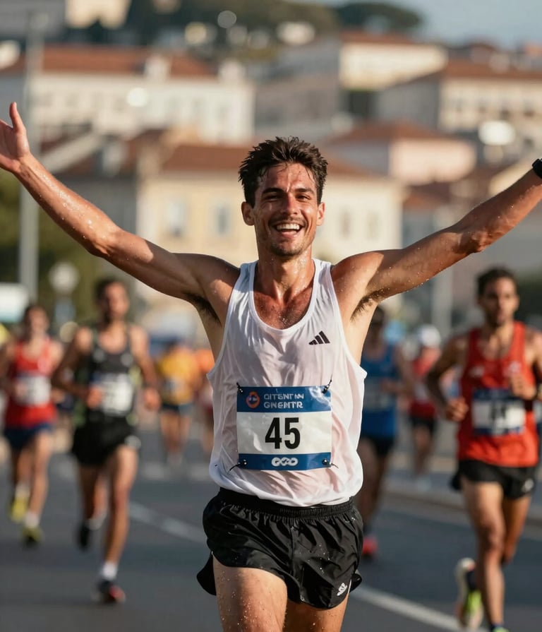 A powerful action shot of a marathon runner crossing the finish line with arms wide open. The runner has an expression of pure relief and joy. Sunlight hits the water droplets (sweat) on their skin. The background shows a blurred Lisbon cityscape. Professional photography style, dynamic composition, warm lighting with #F2F1ED highlights and #0D0D0D shadows.