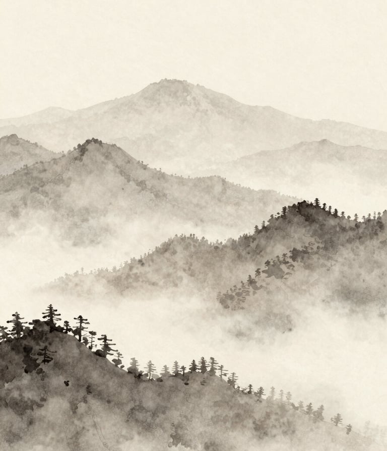 A serene watercolor landscape showing a misty morning mountain range. Soft textures of #A89B90 and #F5F2EF are used for the fog, with elegant #362C27 shadows on the peaks. The style is understated and digital gallery-ready.