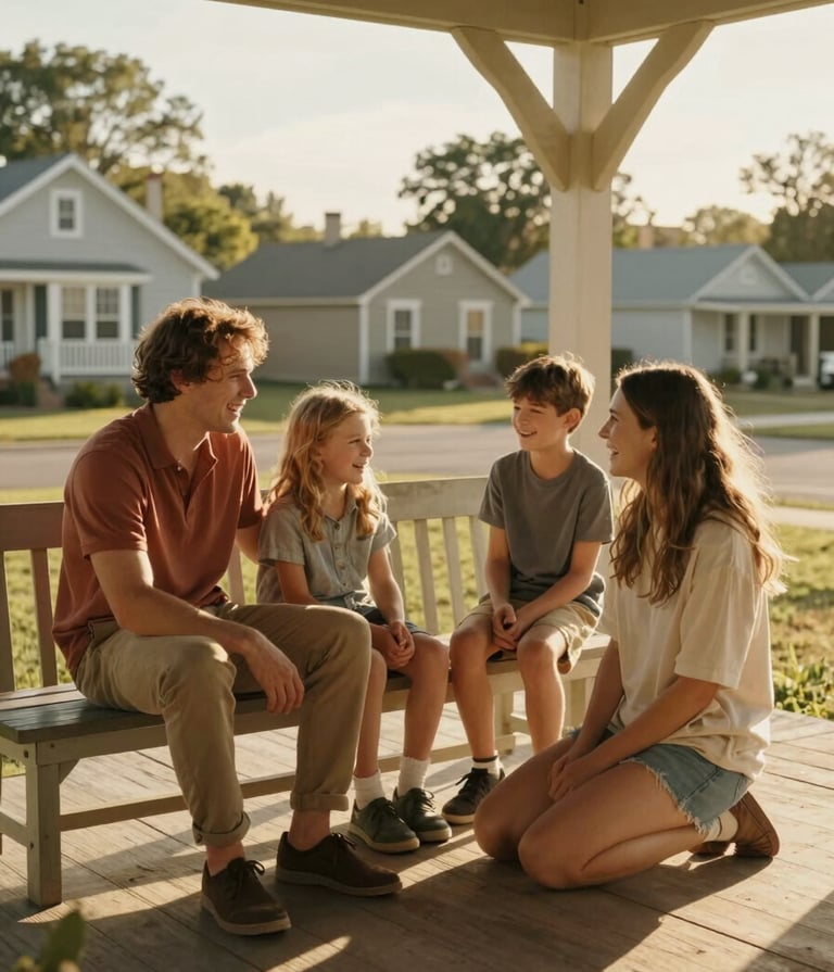 A cinematic, sun-drenched photograph of a young family laughing together on a wooden porch in a North American neighborhood. The lighting is golden hour warm, creating soft glows. The colors feature Soft Sand and Terracotta tones in their casual attire. Authentic, candid composition.