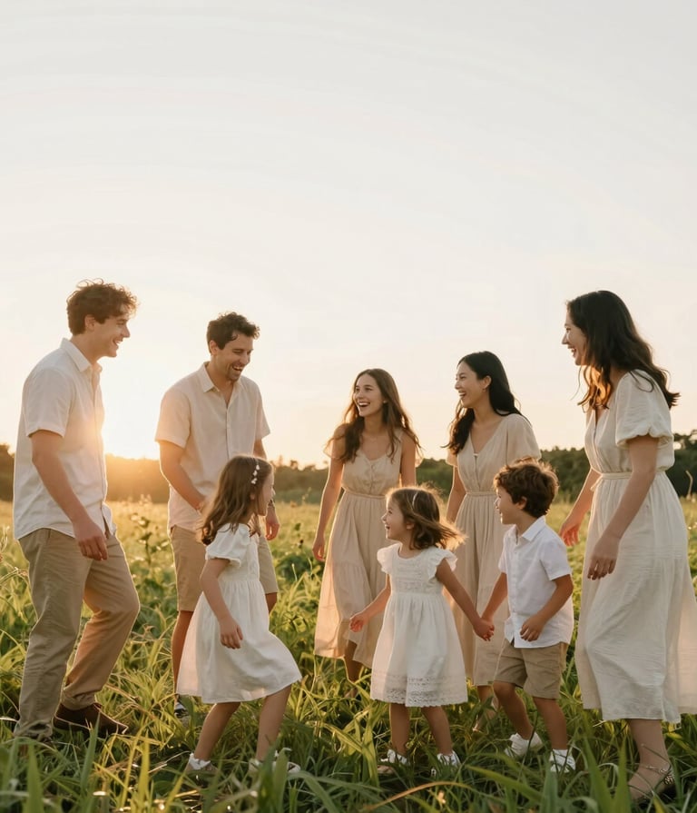 A bright and airy outdoor family portrait taken in a beautiful meadow in West Michigan at sunset. A family is seen laughing and playing, dressed in light cream and beige attire. The lighting is golden and warm, creating a joyous and sophisticated scene with natural beauty.