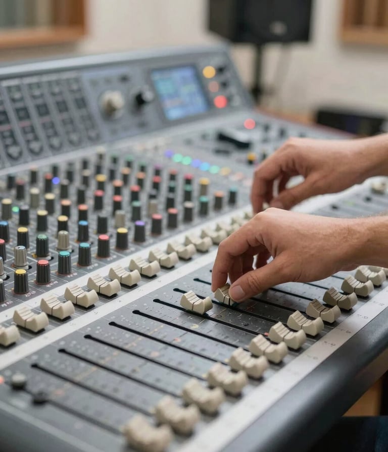 Action shot of a sound engineer's hands adjusting faders on a large, sleek mixing console. Southern European / Spanish studio environment, bright off-white natural lighting, focusing on the tactile interaction with professional gear.